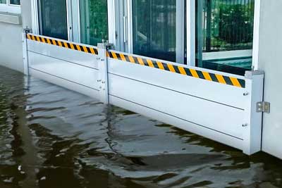 Business Doors protected from flood by barriers