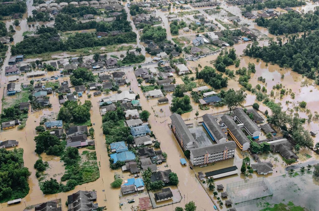 Aerial view of a flooded neighborhood