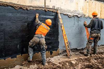 Workers applying exterior waterproofing membrane to building foundation